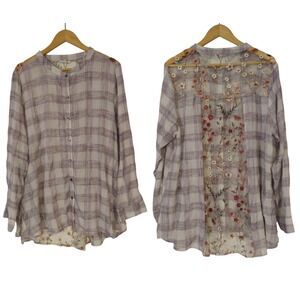 Oddi Shirt Blouse Women's 3XL XXXL Button Up Checkered Embroidered Lace Floral